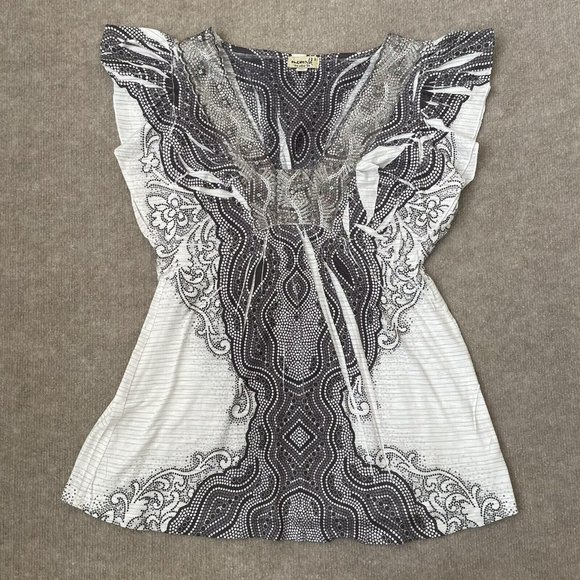 ONE WORLD Tops - One World Shirt Womens Small Gray Black Silver Sequins Embroidered Boho Flowy